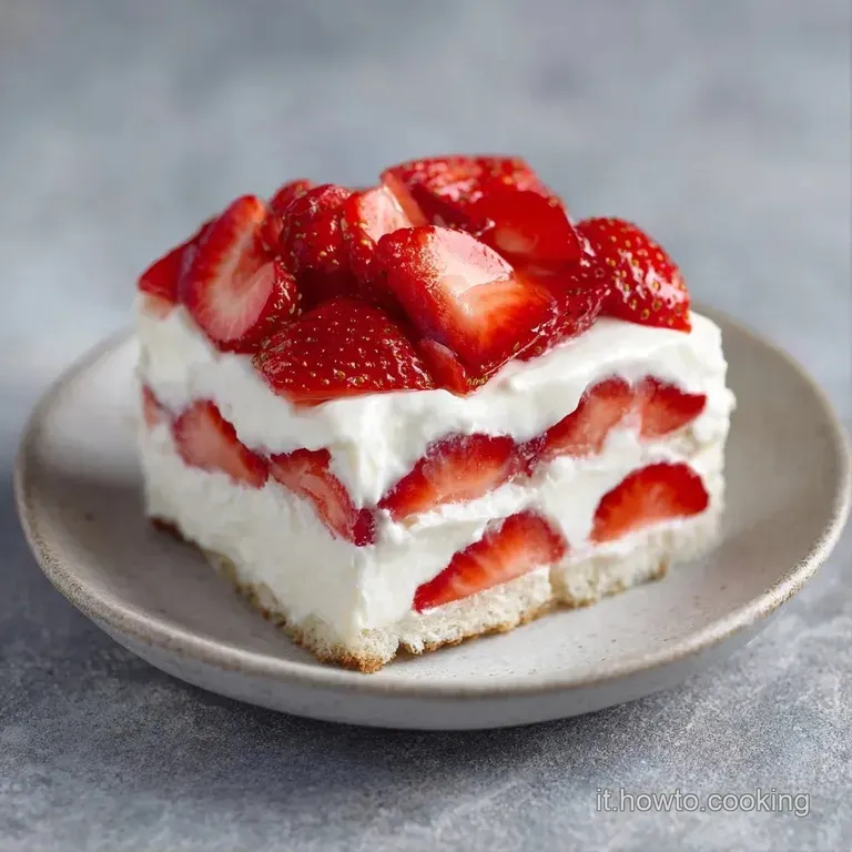 Fetta di dolce cremoso su piatto bianco, decorata con una fragola fresca e una foglia di menta verde brillante.