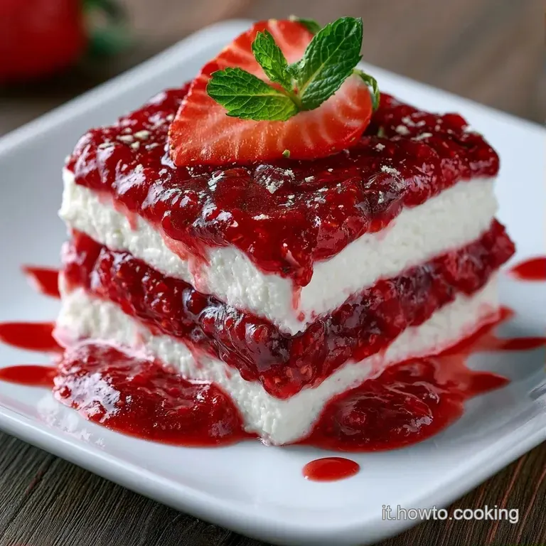Coppa di vetro con strati alternati di crema densa e bianca, fragole rosso vivo e biscotti, con foglia di menta.