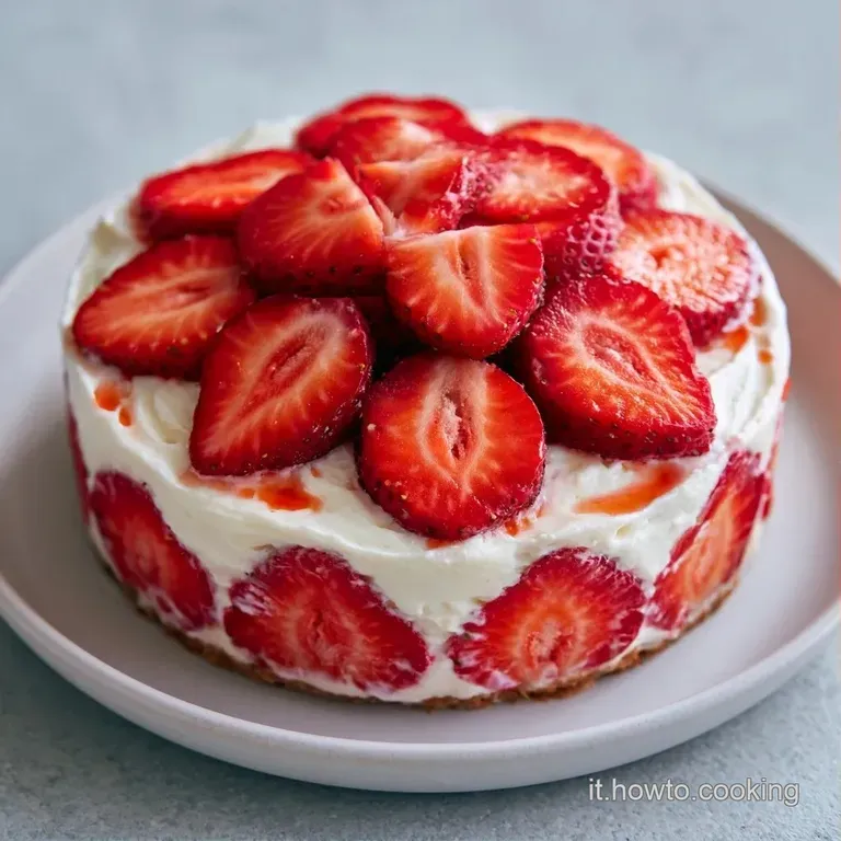 Strati alternati di vellutata crema color panna e fragole fresche succose in un bicchiere di vetro trasparente.