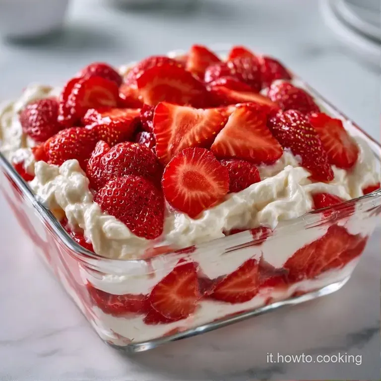 Porzione elegante in bicchiere di vetro con strati alternati di crema vellutata, savoiardi e fragole succose.