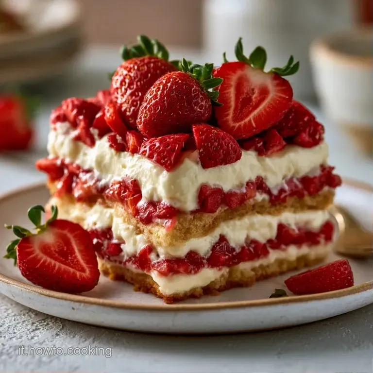 Porzione elegante in bicchiere trasparente che mostra strati di crema densa, pan di spagna bagnato e fragole fresche.