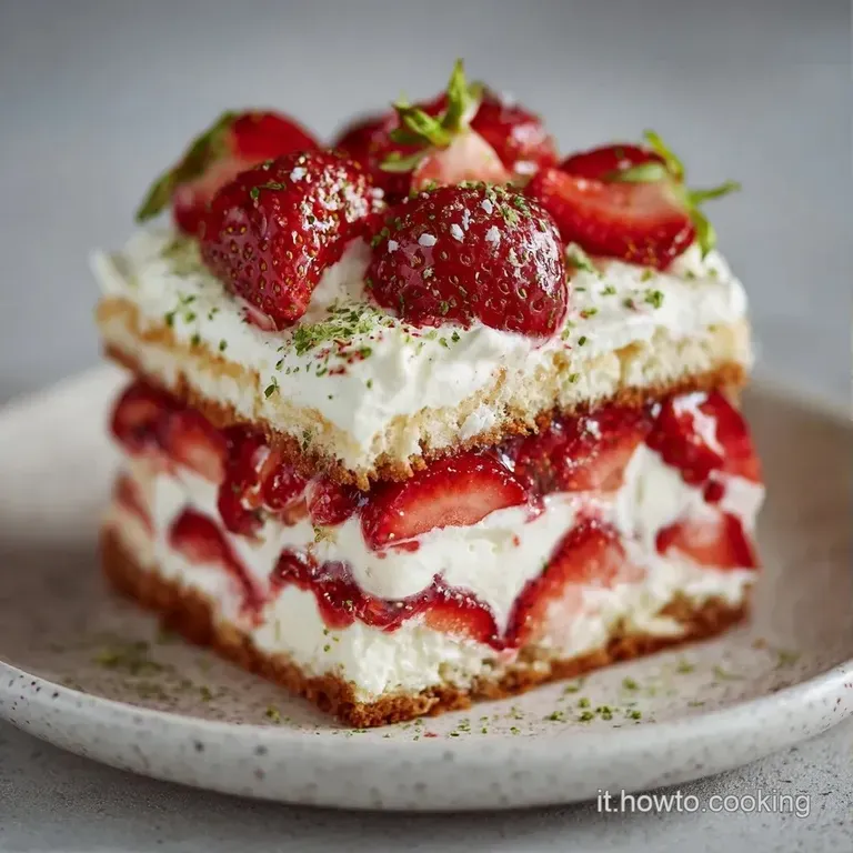 Fetta di dolce cremosa in un piatto bianco, con strati alternati di pan di spagna bagnato e fragole rosso rubino.
