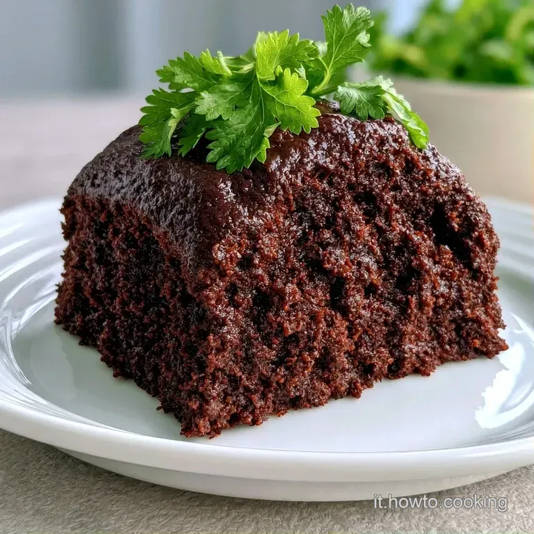 Fetta di dolce al cacao su piatto bianco, accompagnata da una salsa lucida e piccoli frutti rossi freschi e colorati.