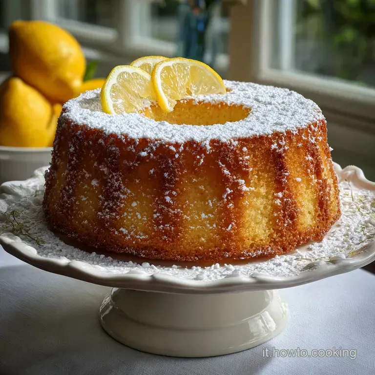 Slice of vibrant yellow lemon cake on a white plate, garnished with a sprig of mint, suggesting a refreshing taste.