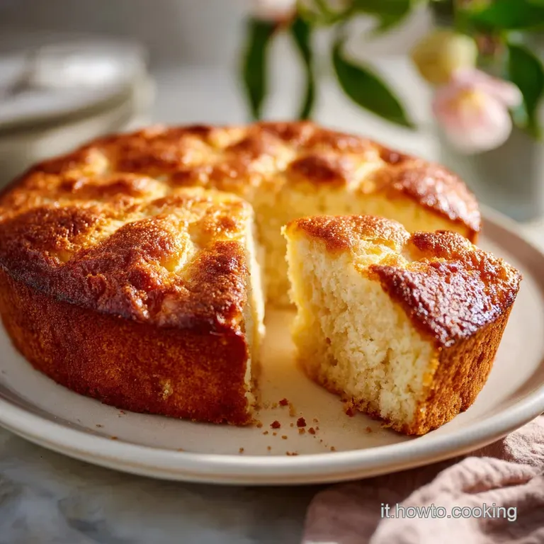 A single slice of airy yogurt cake with a tender crumb, drizzled with a light glaze on a white plate.