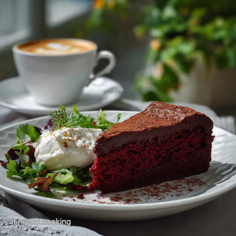 Slice of earthy beet and cocoa bundt cake on white plate with dollop of whipped cream and vibrant berry garnish.