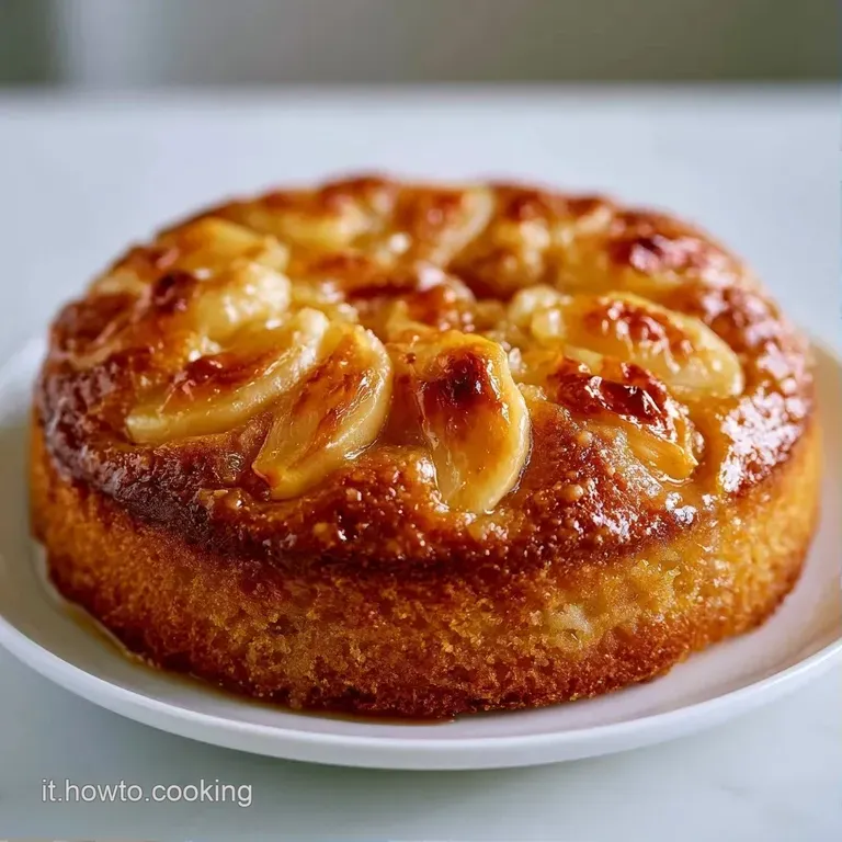Fetta di dolce dorato su piatto bianco, cuore morbido e succoso con mela caramellata e un tocco di crema fresca.