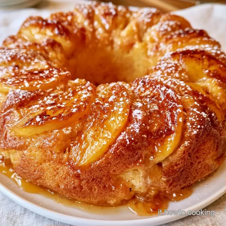 Una fetta di dolce soffice su piatto bianco, guarnita con mela caramellata e un ciuffo di panna fresca e vellutata.