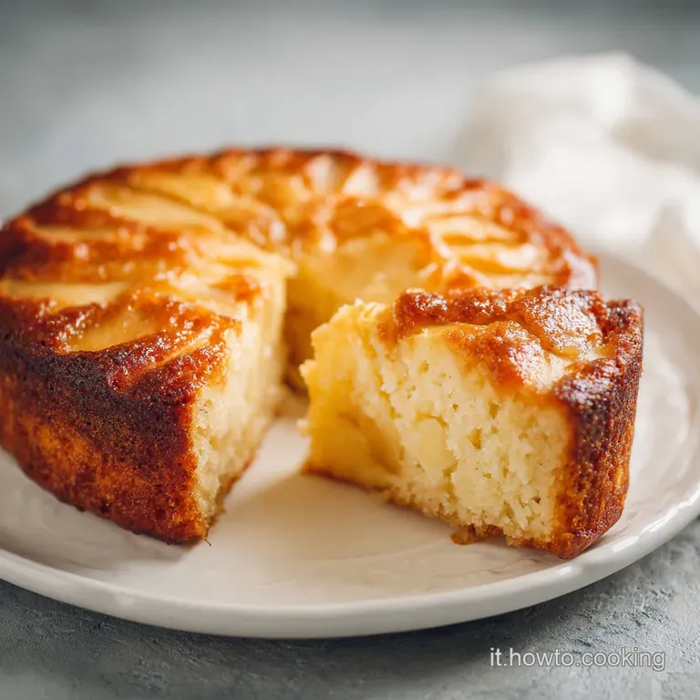 Slice of warm apple cake on a white plate, steam rising, served with a dollop of whipped cream and a sprig of mint.