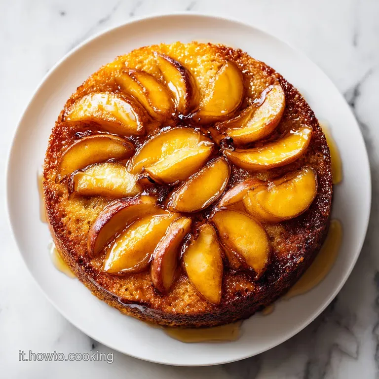 Elegant slice of warm apple cake on a ceramic plate, revealing a soft creamy center and golden caramelized top.