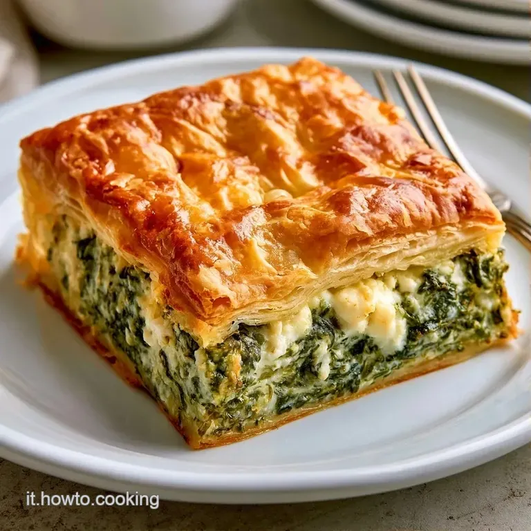 Fetta di torta salata su piatto bianco, ripieno verde brillante di spinaci e uova sode con bordi dorati e friabili.