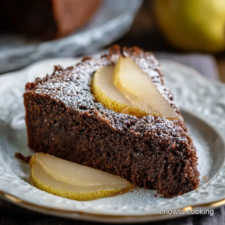 A generous slice of moist chocolate-pear cake adorned with a dollop of whipped cream.