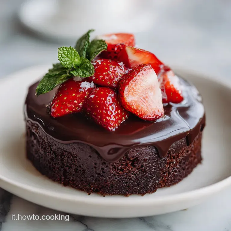 Slice of rich chocolate cake with a shimmer, next to a dollop of whipped cream, served on an elegant white plate.