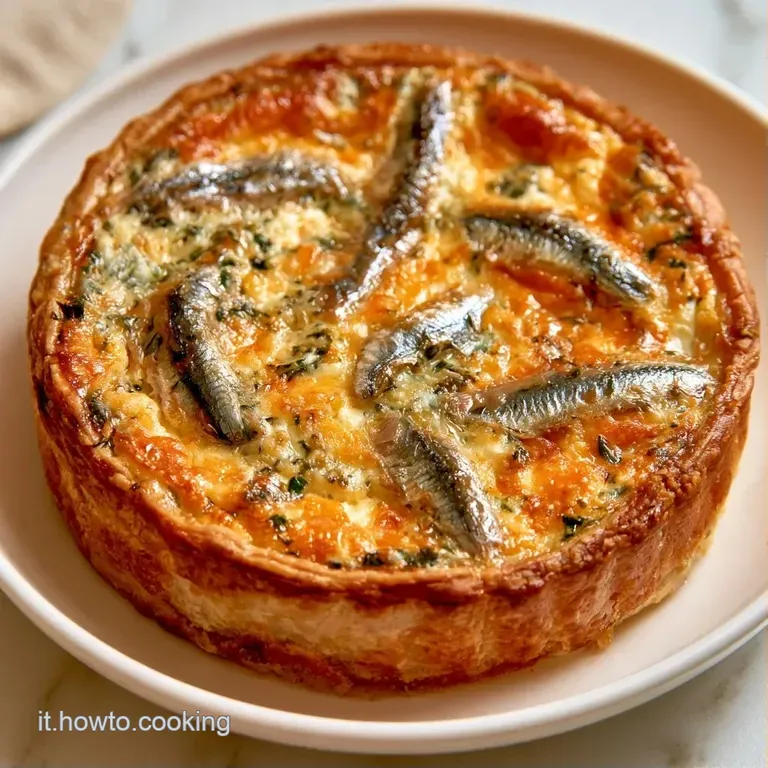 Fetta di torta salata su piatto bianco, base croccante e ripieno cremoso bianco con accenti salati di acciughe.