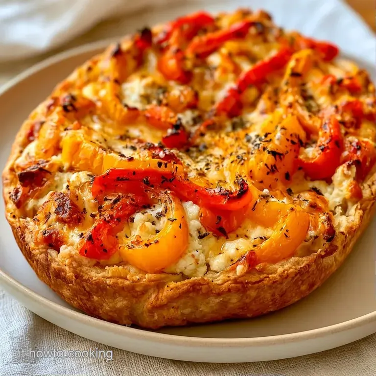Una fetta di torta salata su piatto bianco, con peperoni lucidi e ricotta soffice, guarnita da un rametto di basilico.