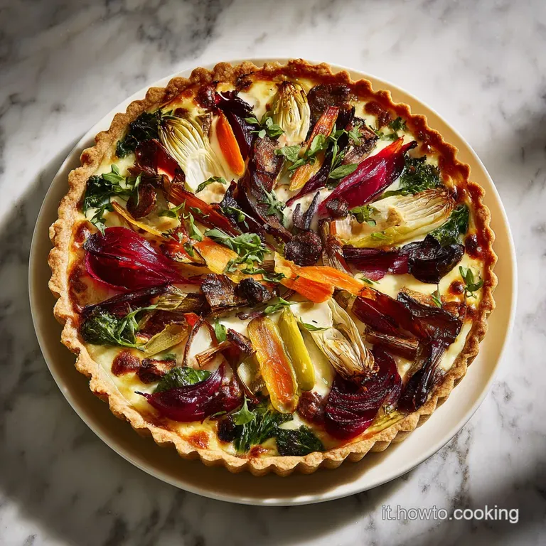 Wedge of savory vegetable tart on a plate, steam rising. Golden crust contrasts with the soft, colorful filling.