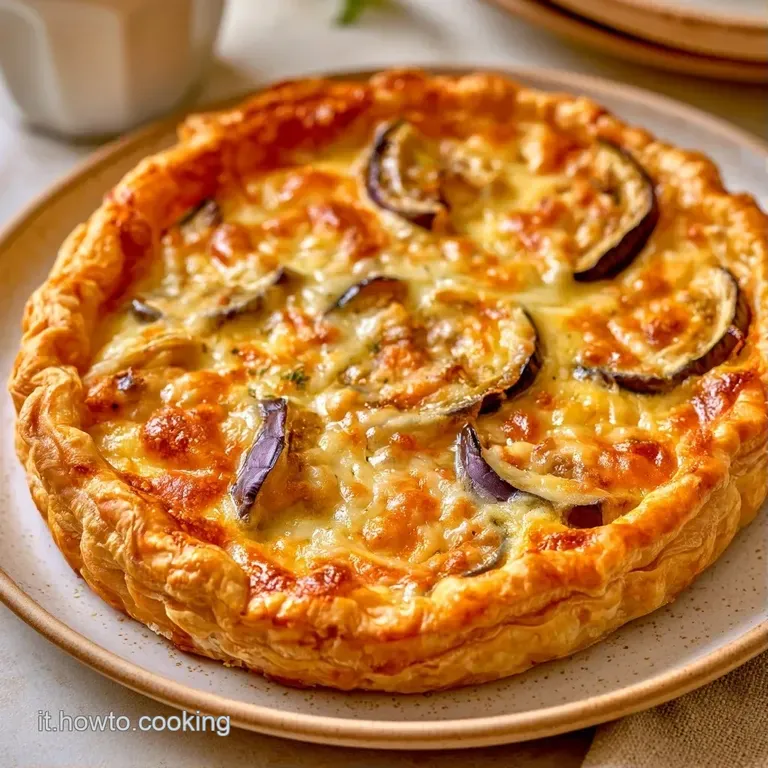 Fetta di torta salata su piatto bianco, crosta friabile color oro e cuore morbido di melanzane e formaggio filante.