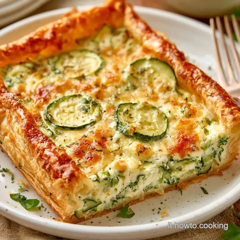 Fetta di torta salata su piatto bianco, crosta alveolata e dorata con zucchine tenere e vivaci di un verde brillante.