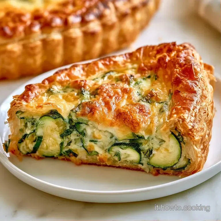 Sottile fetta triangolare su ceramica bianca, con zucchine tenere, base croccante e un tocco di erbe aromatiche verdi.