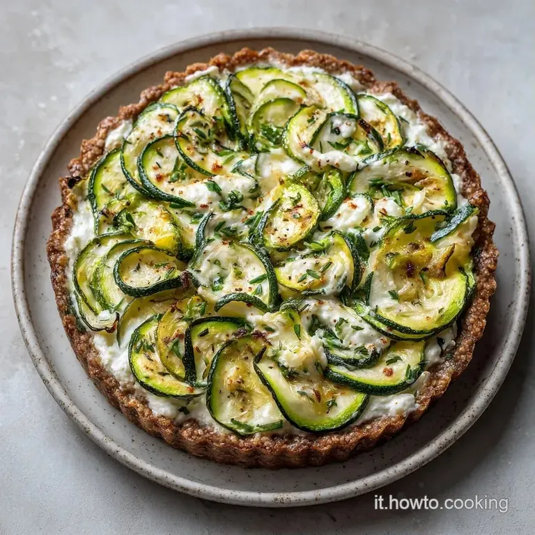 Fetta di torta dorata su piatto bianco, con cuore cremoso di ricotta e zucchine tenere, guarnita da erbe verdi fresche.
