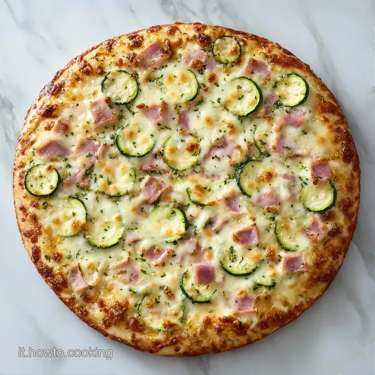 Una fetta di torta salata dorata su piatto bianco, con zucchine tenere e crosta sfogliata, guarnita da un filo d'olio.