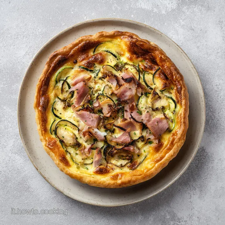 Slice of rustic zucchini pie on a white plate. Layers of green zucchini, ricotta, and golden pastry. A savory and satisfyi...