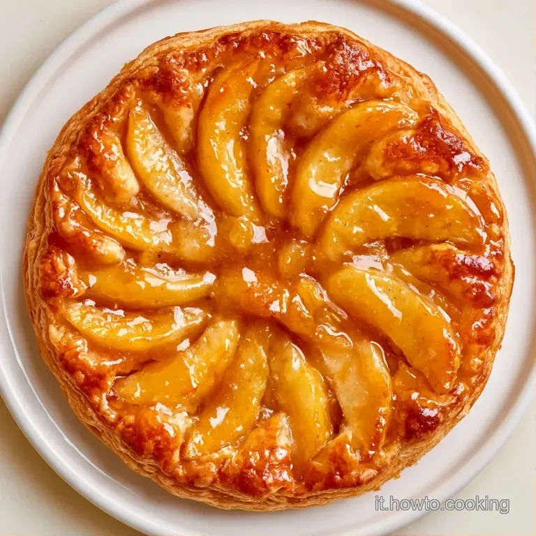 Fetta di dolce croccante su piatto bianco, con mela caramellata, polvere di cannella e panna montata soffice.