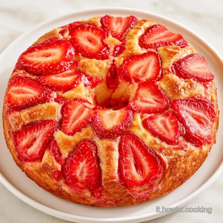 Fetta di dolce bianco e soffice su piatto bianco, accompagnata da fragole rosse e un tocco di menta verde brillante.