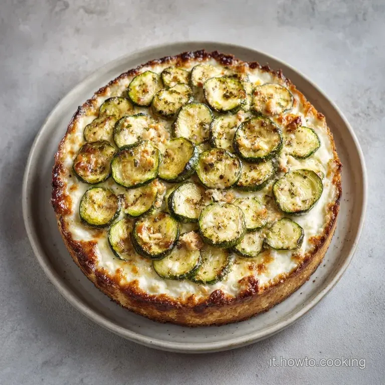 Fetta di torta soffice su piatto bianco, con cuore cremoso bianco e pezzetti di zucchine verdi e brillanti.