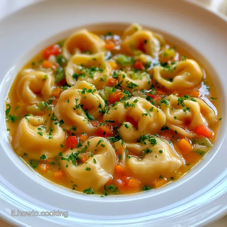 Elegante piatto di porcellana con pasta ripiena gialla in un brodo trasparente e fumante, decorato con erbe fresche.