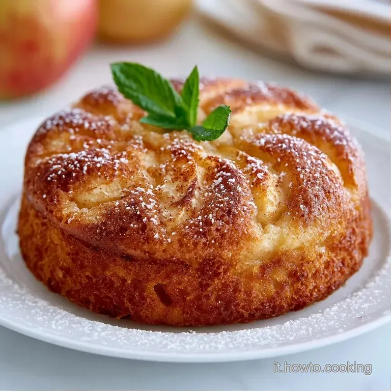 Tortina di mela su piatto bianco, superficie lucida e crostata friabile, guarnita con un ciuffo di panna e menta fresca.