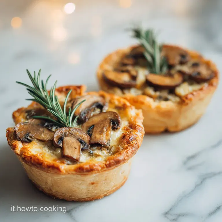 Three savory potato and mushroom tartlets arranged elegantly on a white plate, garnished with fresh herbs.