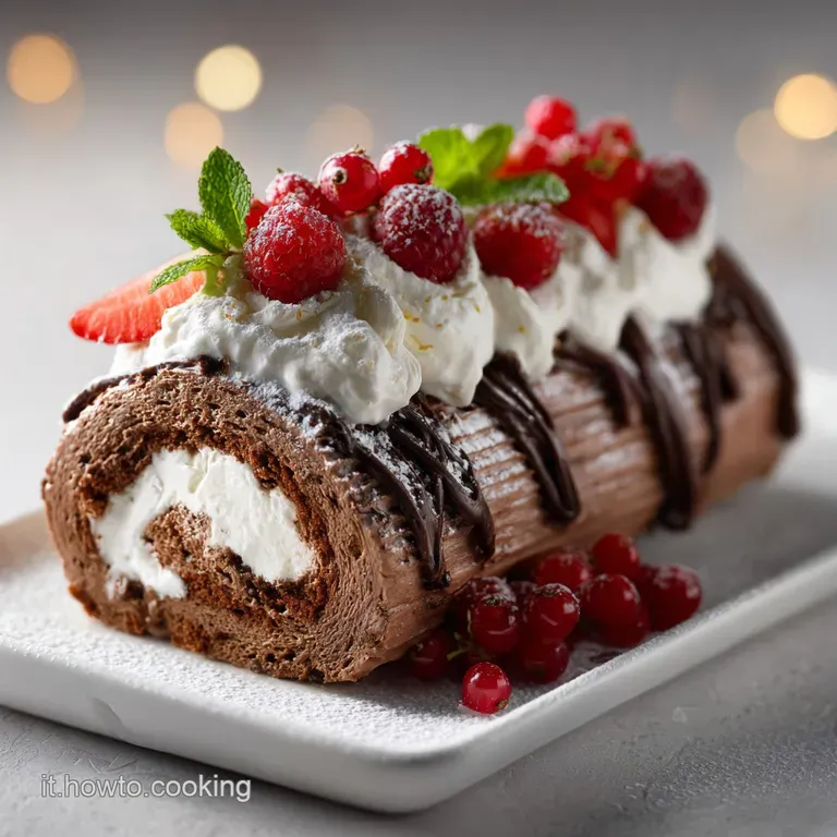 Slice of rich chocolate yule log on a white plate, drizzled with ganache and sprinkled with cocoa powder for a festive look.