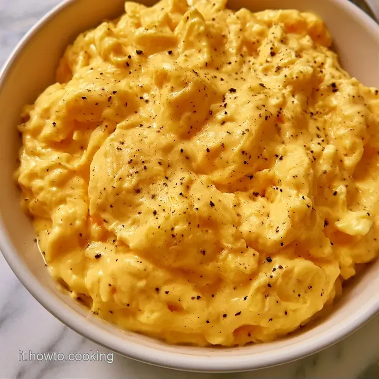Porzione cremosa di uova giallo oro adagiata su un piatto di ceramica, guarnita con pepe nero e foglioline verdi.
