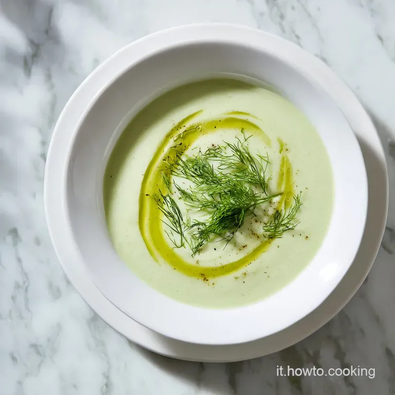 Zuppa densa color avorio servita in piatto moderno, decorata con un filo d'olio extravergine e pepe nero macinato fresco.