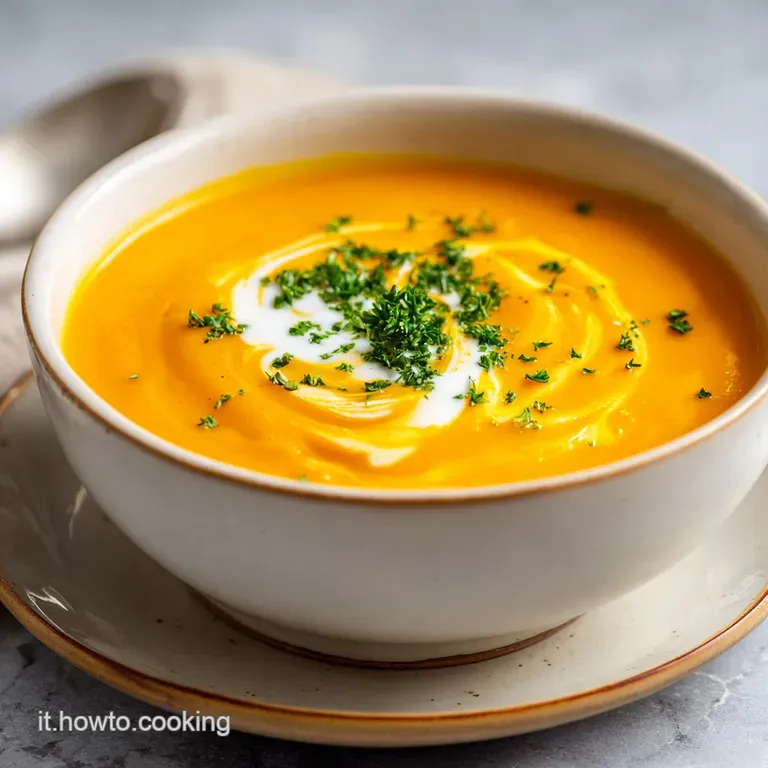 An elegant bowl of velvety pumpkin soup, swirled with cream and garnished with crunchy pepitas and a herb sprig.