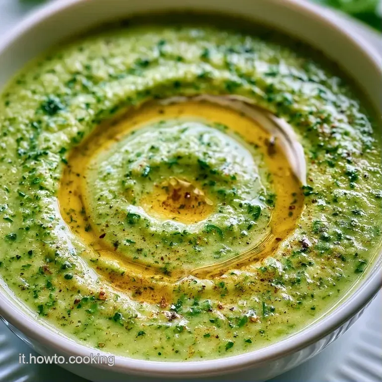 Elegante piatto fondo con zuppa verde densa, gocce di olio lucide e un tocco di pepe nero macinato finemente sopra.
