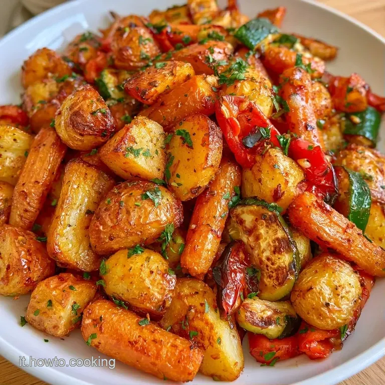 Composizione elegante su piatto bianco di verdure arrosto vivaci, dalla texture croccante e guarnite da erbe fresche.