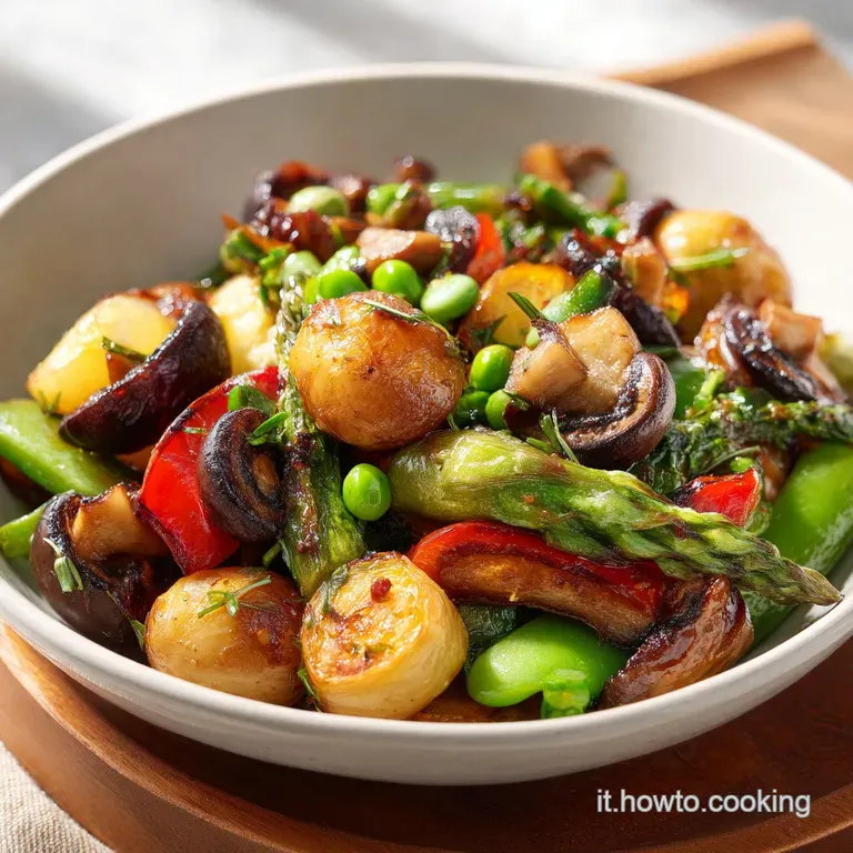 Artfully arranged pile of colorful saut&eacute;ed vegetables, glistening with olive oil and a sprinkle of fresh herbs.