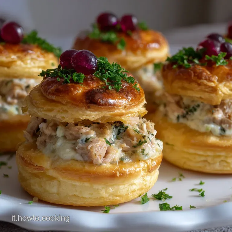 Elegant vol-au-vents artfully arranged on a white plate, showcasing the vibrant filling's colors, with fresh herbs as garn...
