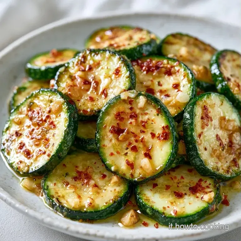 Zucchine verdi brillanti disposte con cura, condite con olio dorato e scaglie di aglio croccante su fondo neutro.