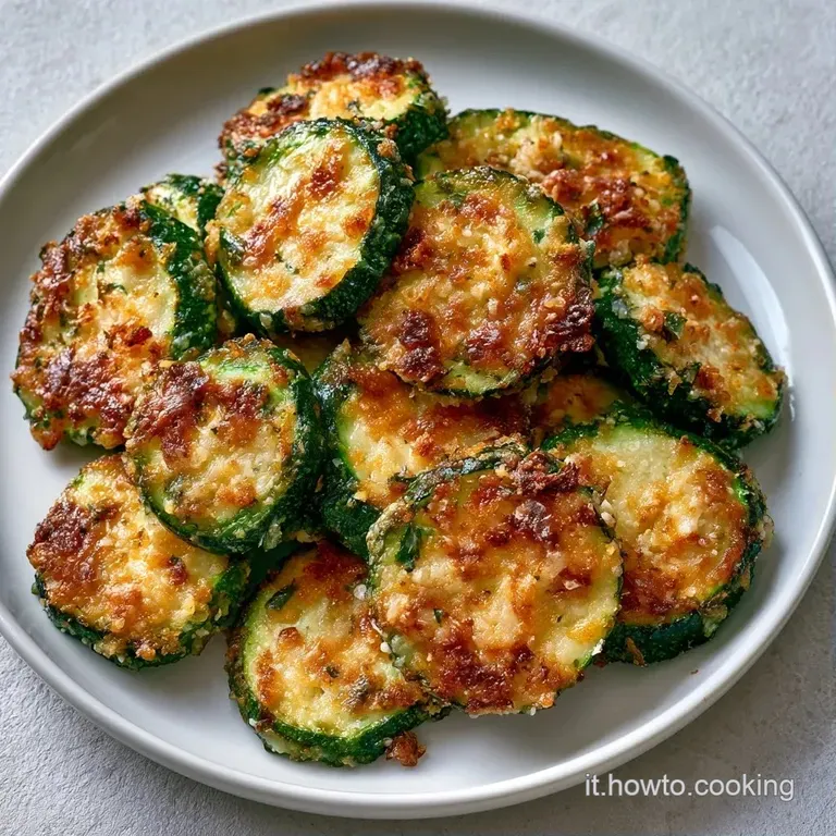 Zucchine disposte in cerchio con panure tostata, un filo d'olio lucido e un tocco di prezzemolo fresco aromatico.
