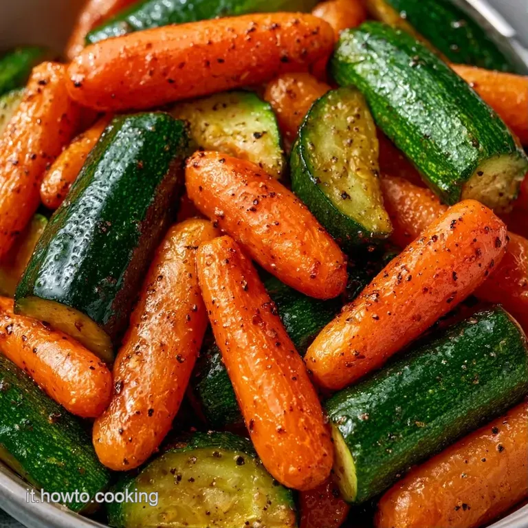 Disposizione ordinata di carote arancioni e zucchine verdi tenere su un piatto di ceramica, con un filo d'olio dorato.