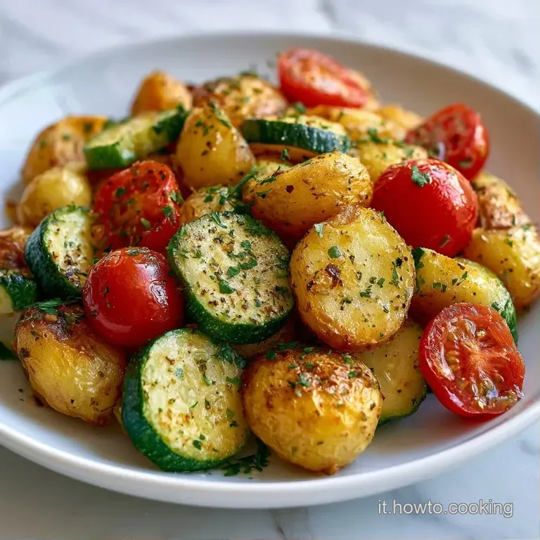 Disposizione elegante di patate dorate e zucchine verdi, completata da pomodorini rossi lucidi e foglioline di menta.
