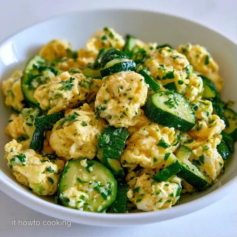 Piatto bianco con zucchine a rondelle verdi e uova strapazzate morbide, guarnite con erbe fresche e pepe nero.