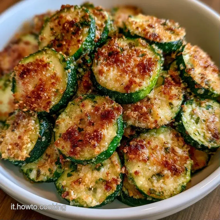 Rondelle di zucchine gratinate disposte con cura su un piatto piano, decorate con erbe aromatiche verdi fresche.