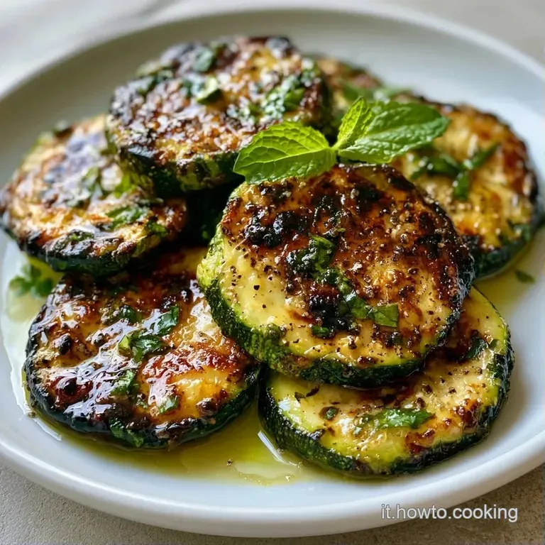 Rondelle di zucchine verde brillante disposte con cura in un piatto bianco, con bordi croccanti e un filo d'olio.