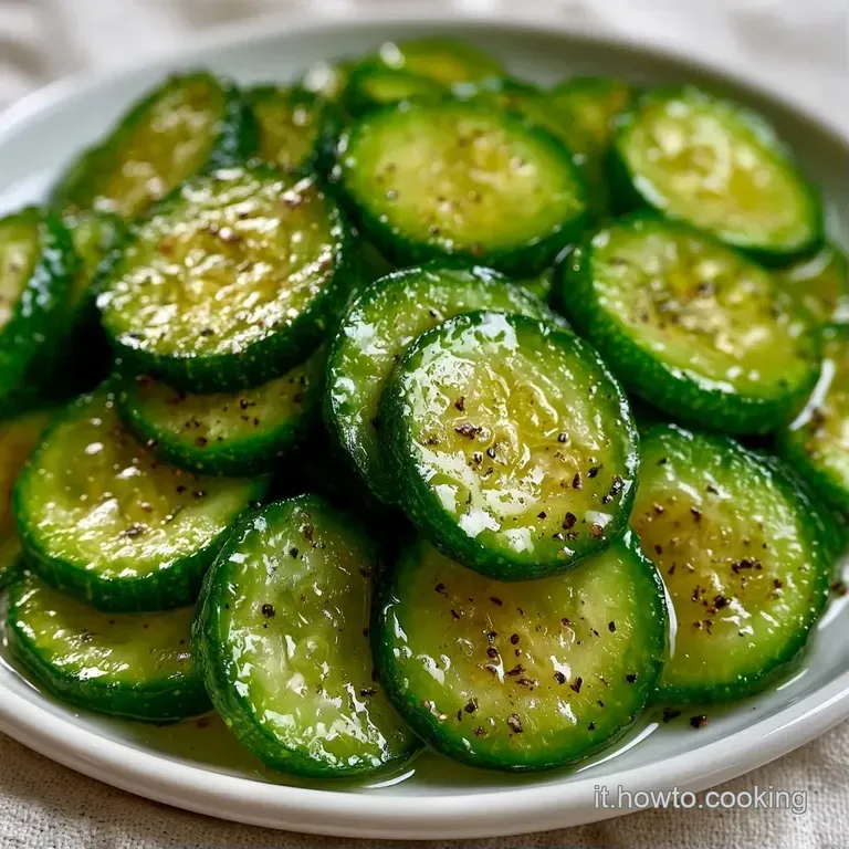 Zucchine a rondelle morbide disposte con cura, lucentezza dorata e un rametto di menta su un piatto di ceramica bianca.