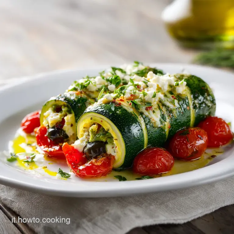 A trio of perfectly baked zucchini boats artfully arranged on a rustic white plate with vibrant garnishes.