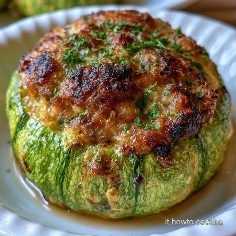 Zucchine verdi lucide farcite di carne, guarnite con prezzemolo fresco e servite con un filo d'olio su piatto bianco.